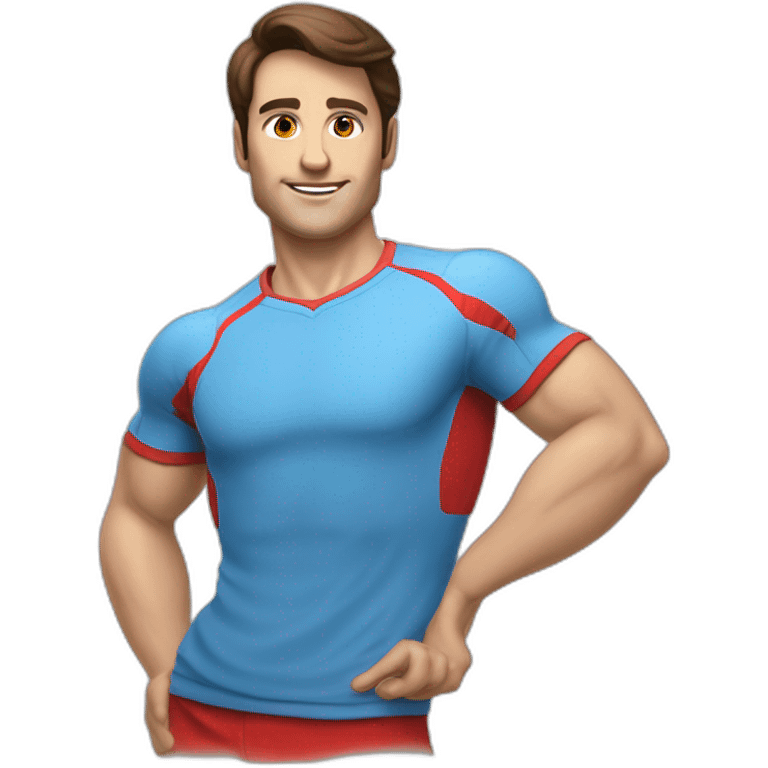 retro 70s blue and red gym clothes for a modern white brunette uni male student with glass emoji