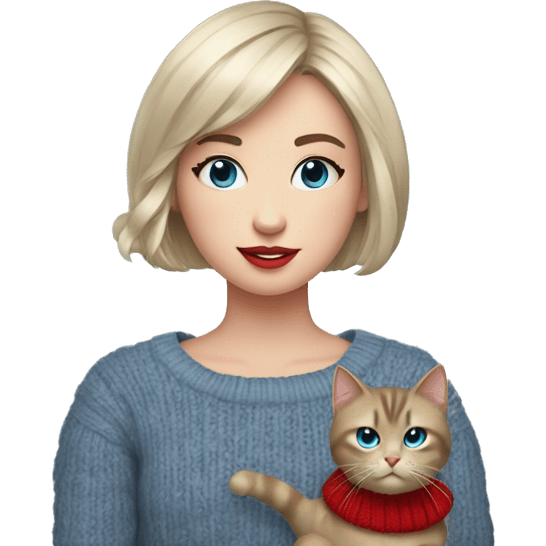 girl with short hair and bangs with blue eyes, long eyelashes and red lipstick in a red cable knit sweater holding a grey cat emoji