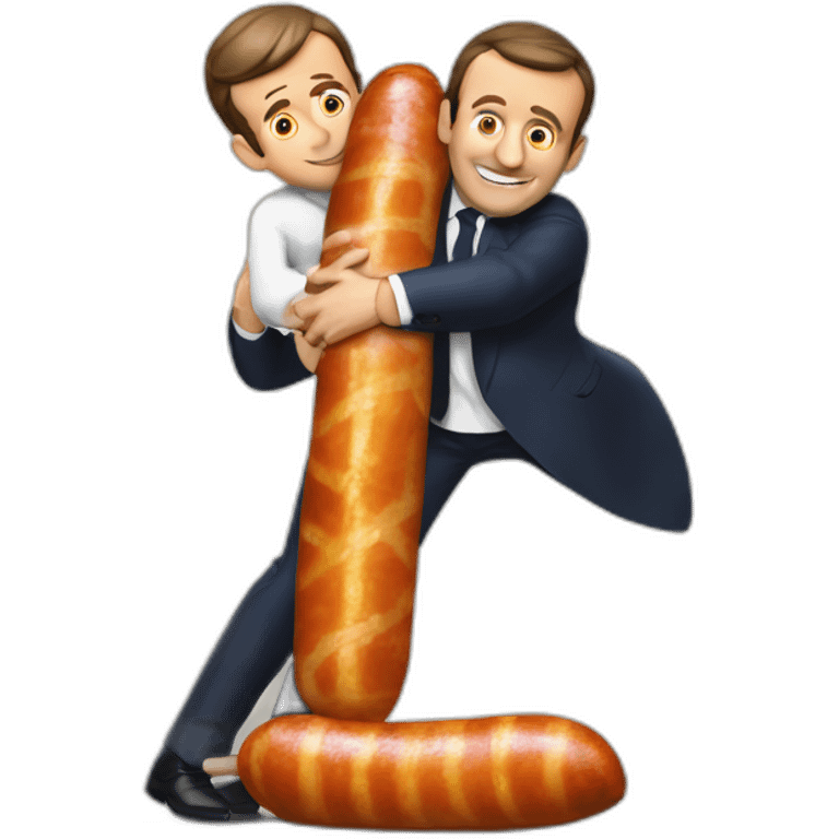 emmmanuel macron hugging a giant saussage emoji