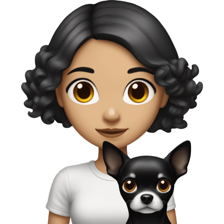 Girl with black hair with a Chihuahua dog￼.  emoji