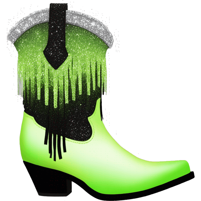 Realistic pastel lime green to black ombre pair of fashion cowgirl boots with sparkly shiny glitter fringe on them. emoji