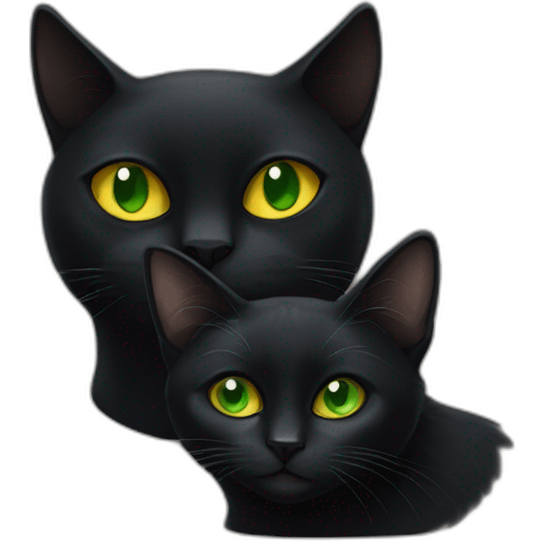 one black cat with green eyes next to an other with yellow eyes. emoji