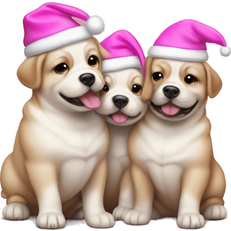 3 happy fat puppies with pink Christmas hat emoji