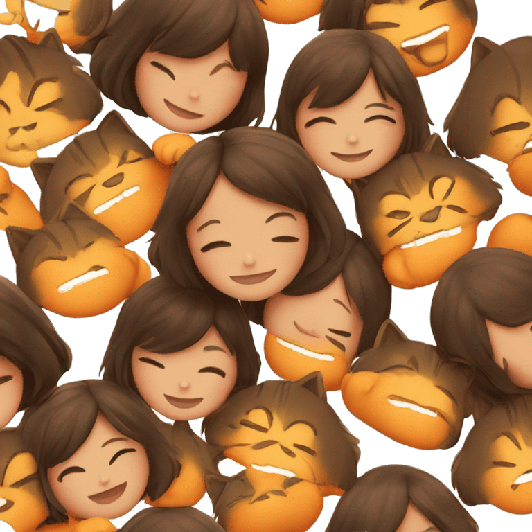 a happy brunette bob girl cuddling  orange cat  emoji