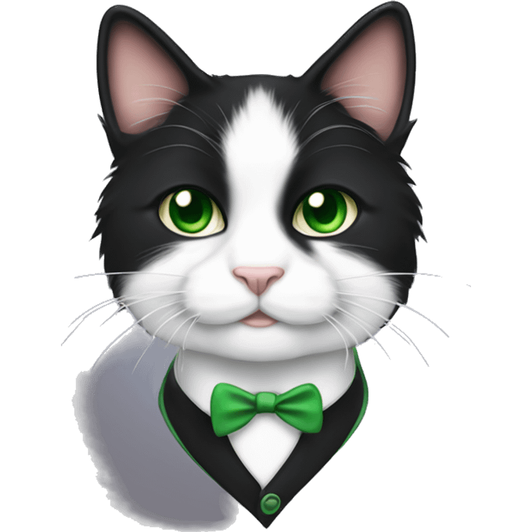 Fluffy tuxedo cat with green eye emoji