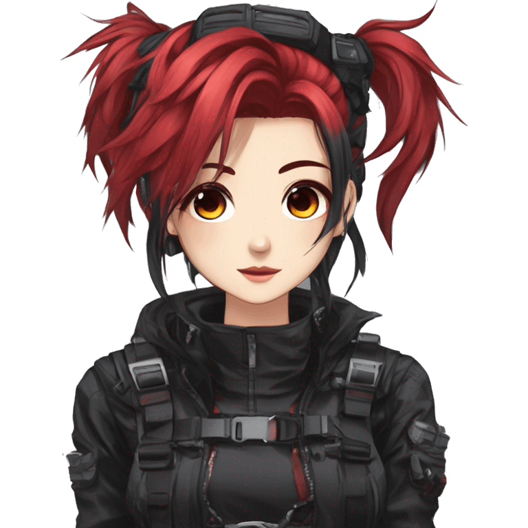 Gorgeous techwear anime style lady with blushing face aesthetic and pretty edgy black red punk hair with messy hair and collar  and harness trending style emoji