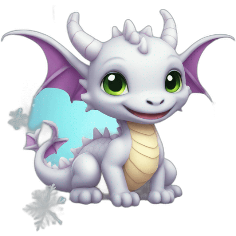 Cute baby dragon, snowflakes emoji