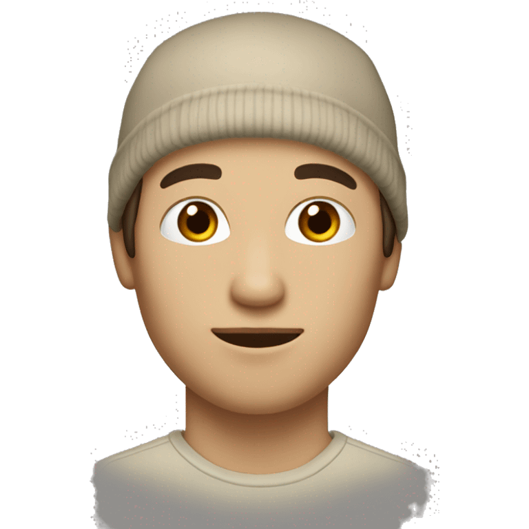 A white person with medium-length dark-brown hair, beige beanie, brown eyes, No body only head, face. emoji