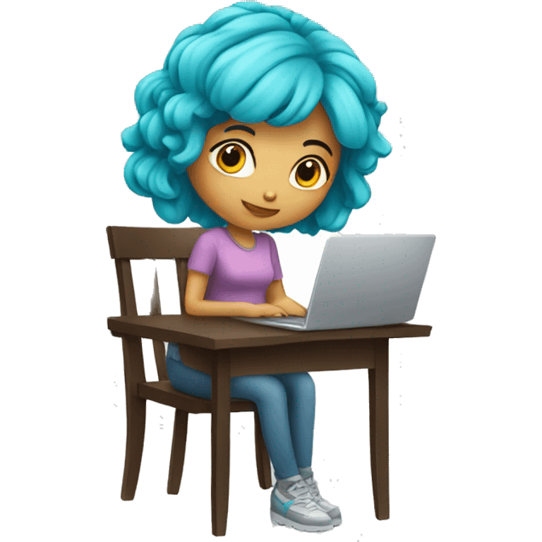 beautiful girl with cyan hairs sitting on a chair and working on a laptop emoji