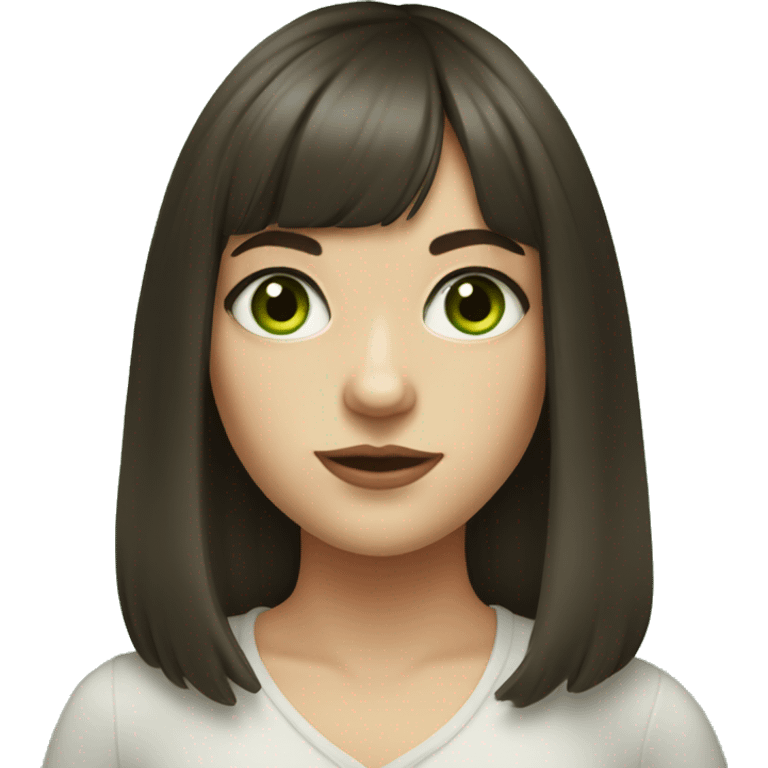 realistic portrait of girl with curtain bangs and dark brown hair with green eyes and fair skin and a round face with soft features emoji