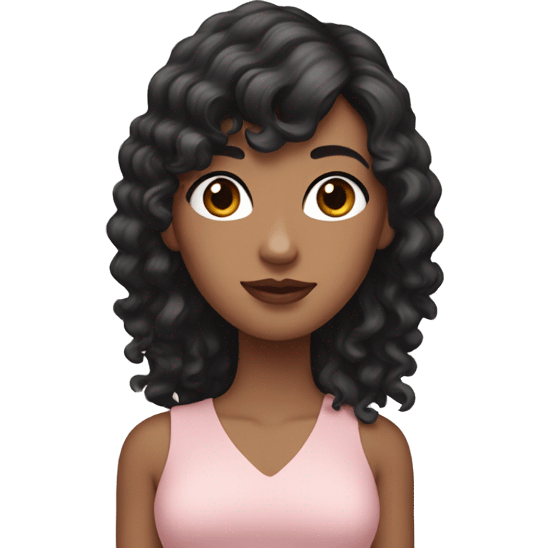 White woman with long black curly hair and bangs and dark brown eyes, wearing a pastel pink dress emoji