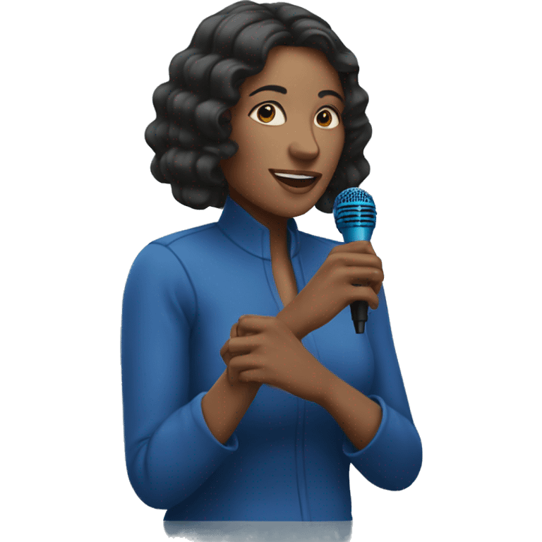 A woman with a blue mic doing thé v with her fingers emoji