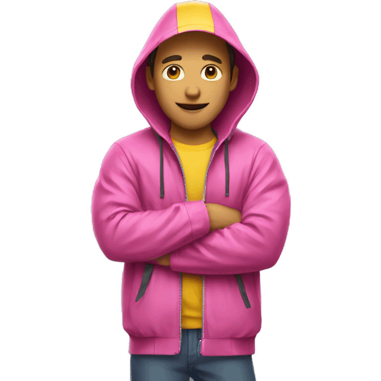  guy in pink  shirt and yellow rain jacket emoji