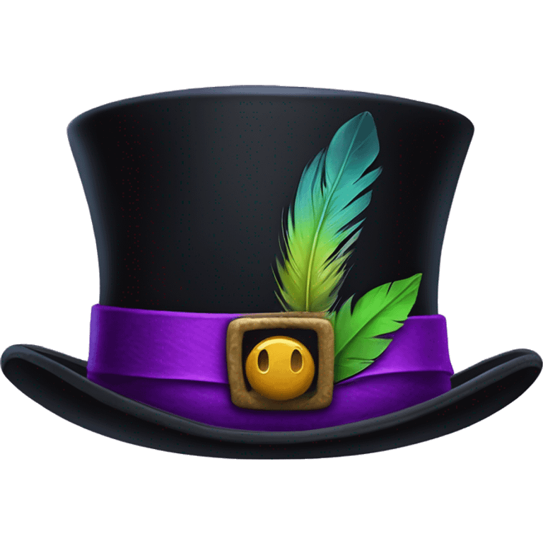 Realistic isolated black voodoo top hat with purple buckle around top of hat with purple,green,and yellow feather stuck in it. emoji