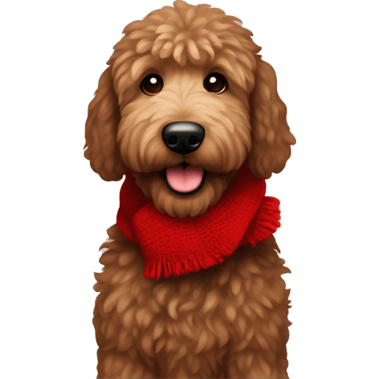 Dark brown golden doodle with fluffy fur wearing a red Christmas scarf emoji