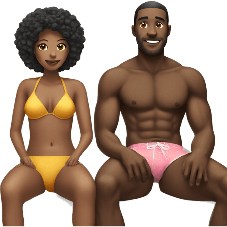 black male sitting next to a woman with a bikini on  emoji