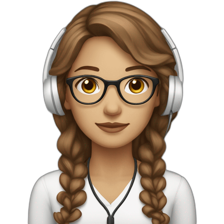 Support analyst woman white, brown curled long hair, brown eyes, Brazilian, white glasses, with a computer and a headset emoji