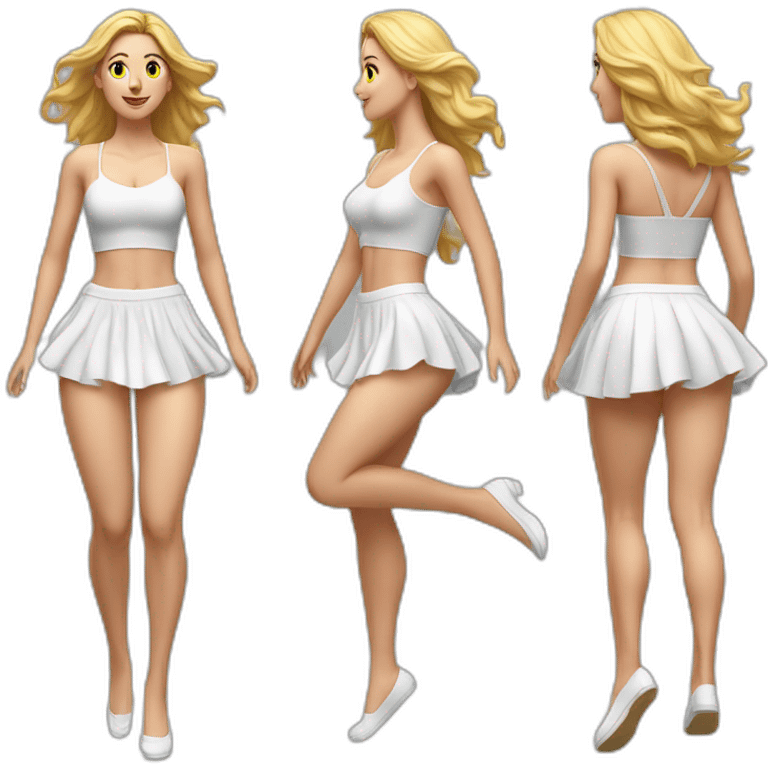 hyperrealistic-full-body-caucasian-curvy-beauty-jumping-small white-skirt-back-and-front-views-strong-wind-knickers emoji