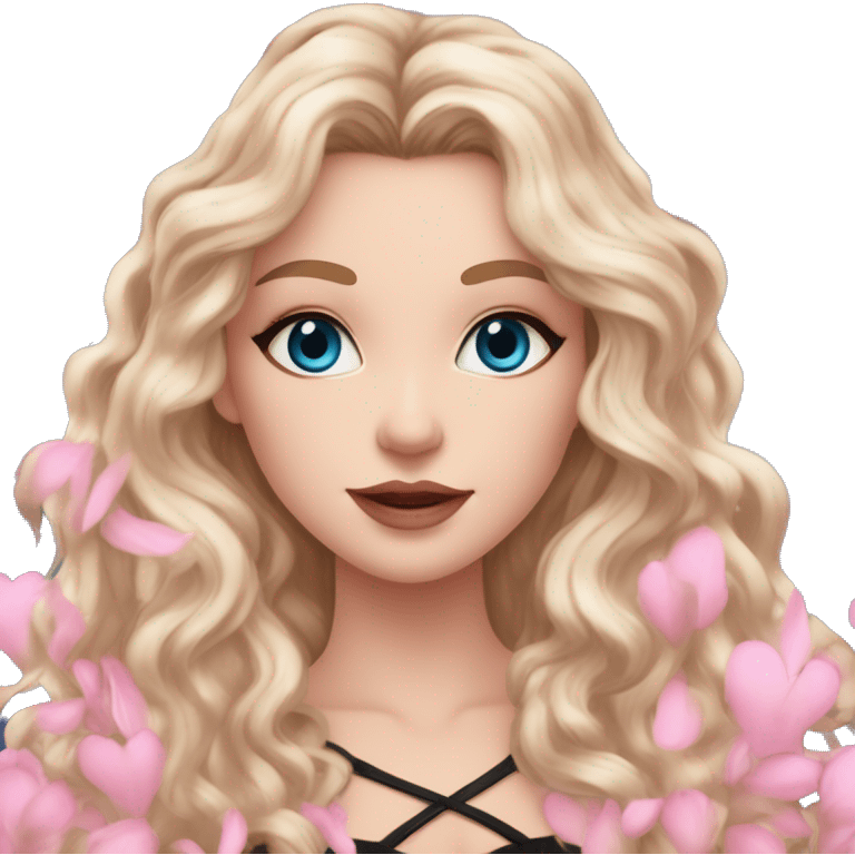 White girl 🧝🏻‍♀️, blue eyes, blond very long curly hair, pink lips, black arrows and brown eyeshadows, pink sexy dress. Background long. Magnolia levitate everywhere. emoji