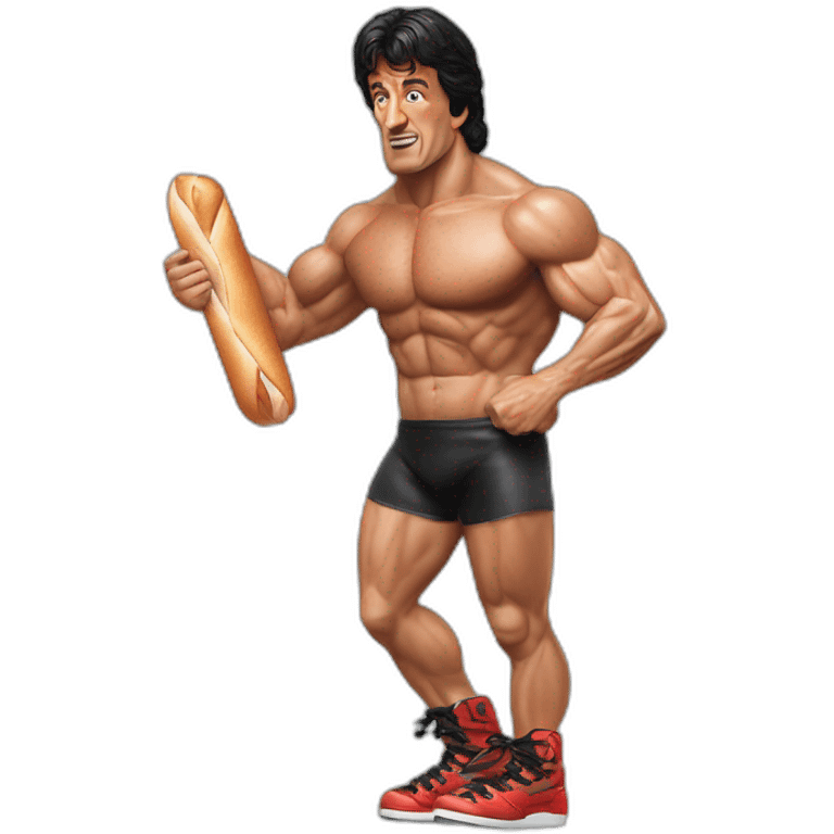 Sylvester Stallone Rambo mankini roller blades eating a baguette emoji