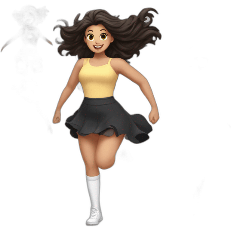 full-body-caucasian-curvy-beauty-jumping-short-black-skirt-back-and-front-views-strong-wind-white-knickers-long-white-socks emoji