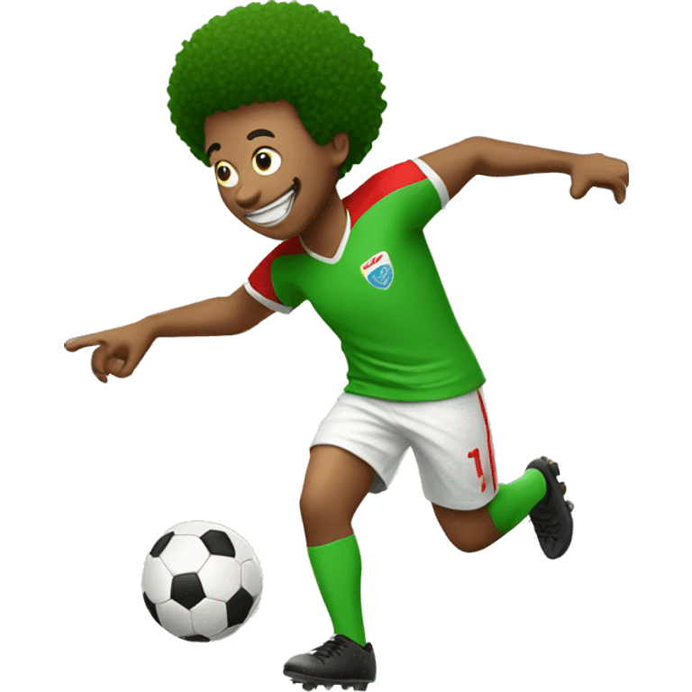 male in green shirt with red afro playing soccer with milk emoji