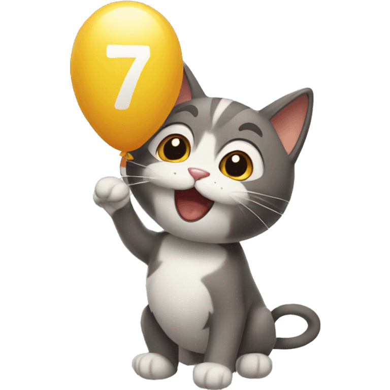 cat with a balloon shaped like the number 7 emoji