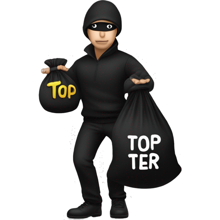 Thief wearing all black clothes actively stealing a money bag with the words Top Tier embroidered on it emoji