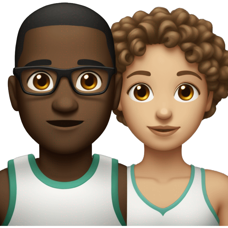 A light skinned girl with brown eyes, long straight light brown hair and glasses who is with a dark skinned basketball boy with brown eyes and curly hair with no glasses emoji