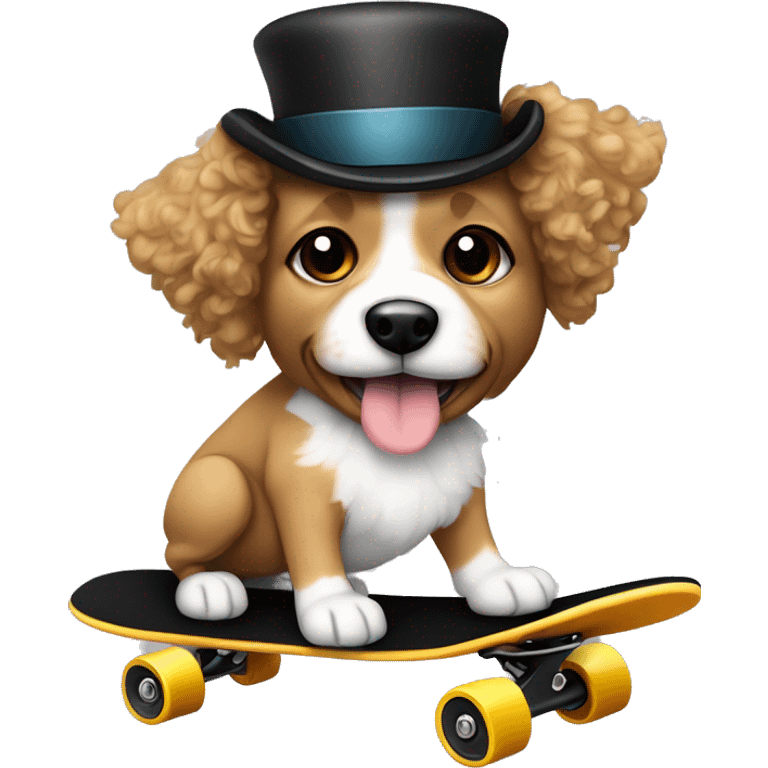 yochon mix. dog with light tan curly fur, very very long ears down. dark brown eyes, mouth closed. wearing a top hat on a skateboard emoji