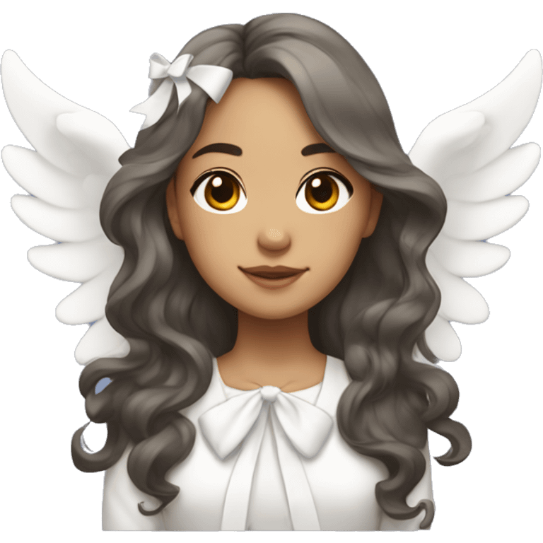 Pretty mixed Asian girl with long wavy hair with big angels wings and a white bow emoji