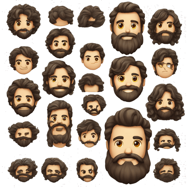 cabelo e barba escura,cavanhaque e bigode fino, olhos claros, cabelo curto emoji