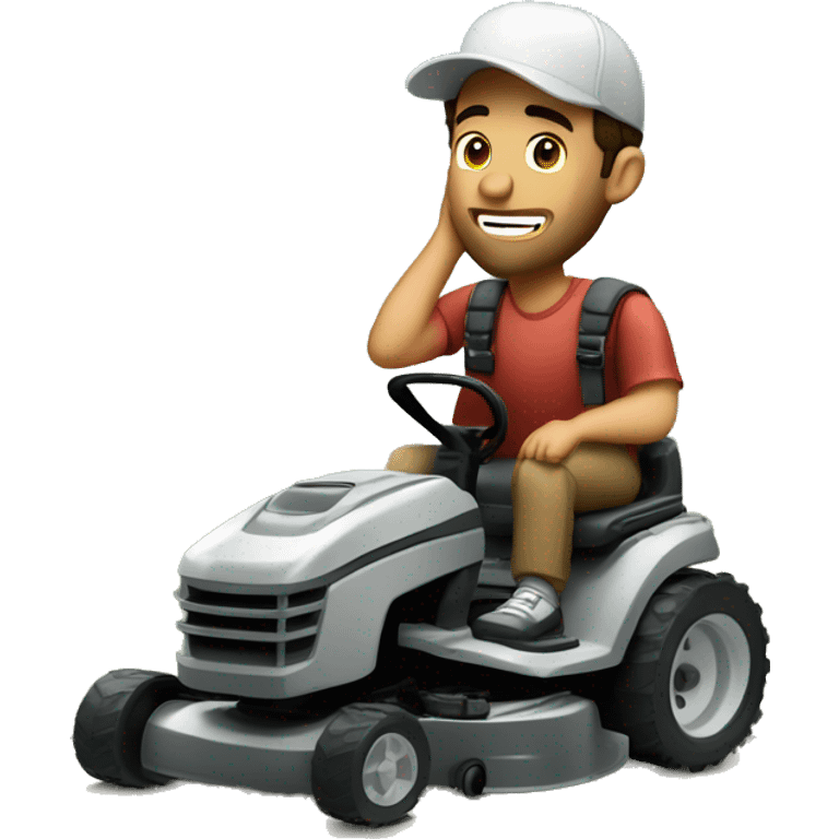 Brunette man with a baseball hat mowing the lawn talking on the phone emoji