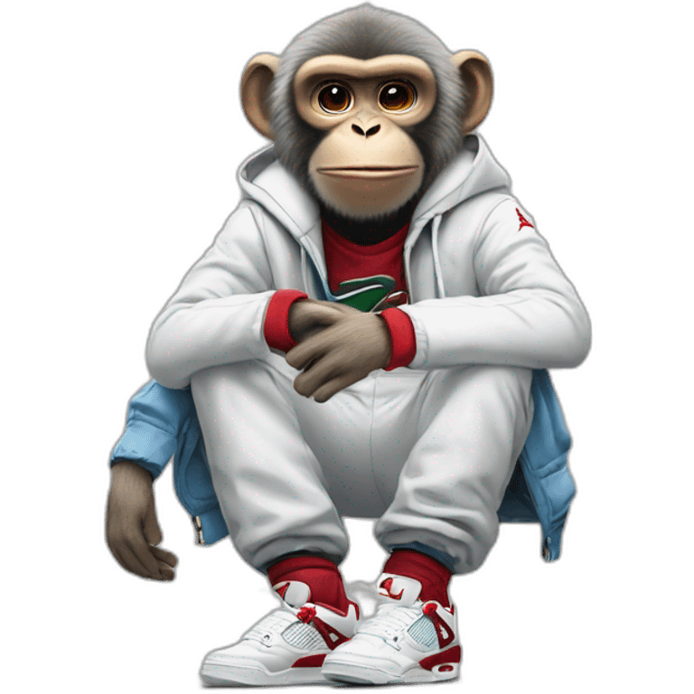 Monkey wearing Jordan 4 on its  feet with a bunch of Nike clothes emoji