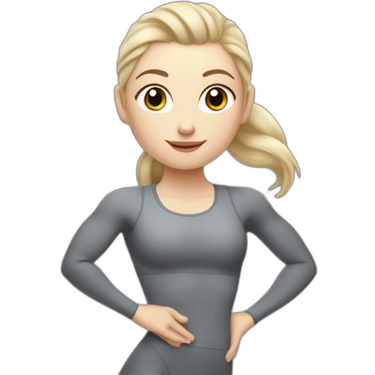 Pale skinned fit woman In a gray tight yoga suit With ash blonde hair in a ponytail doing yoga emoji