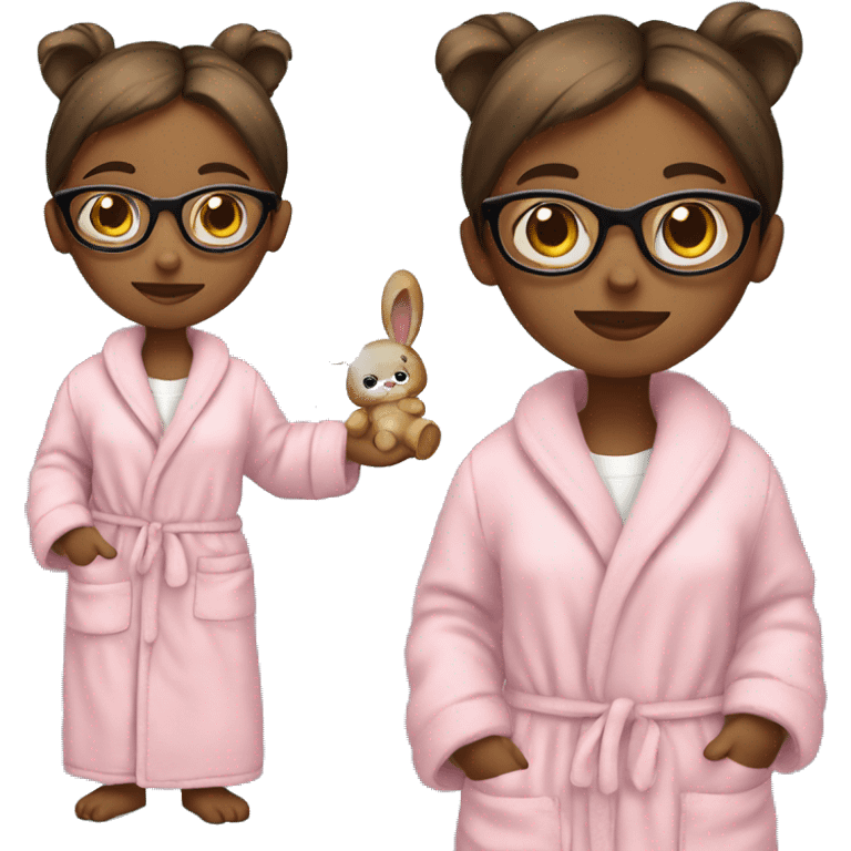 girl with glasses holding a teddy bear that’s wearing a bunny dressing gown  emoji