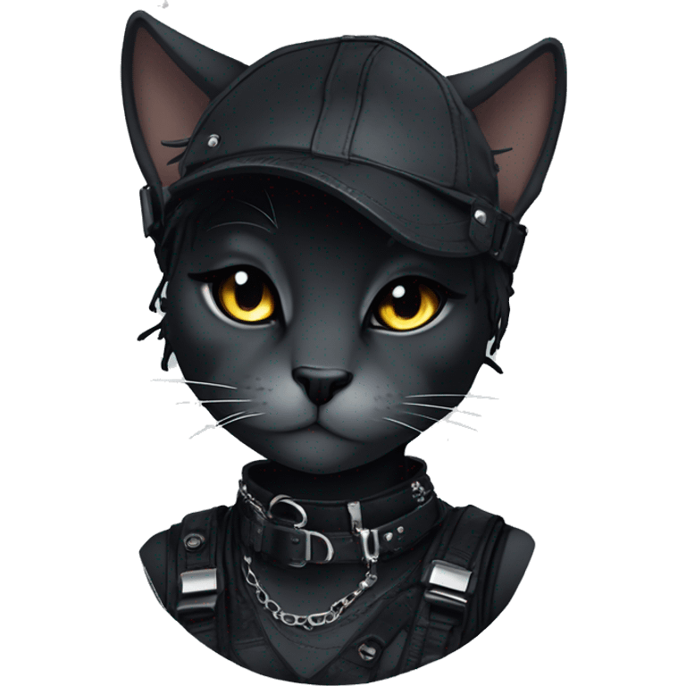 Gorgeous dark techwear cyberpunk style anthro cat sona, punk aesthetic, and pretty edgy black with collar and harness, trending style emoji