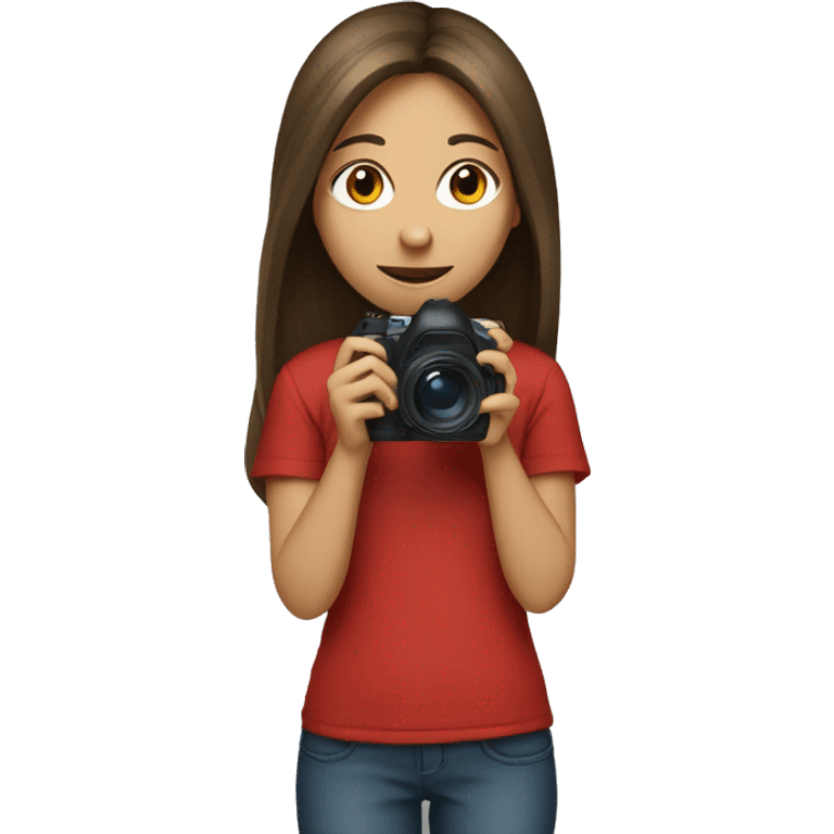 girl with brown long hair in red t-shirt holding a camera emoji