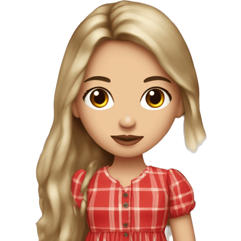 Pretty peach skin brunette woman with doll eyes and long flowing hair and red rosy cheeks in red plaid babydoll dress emoji