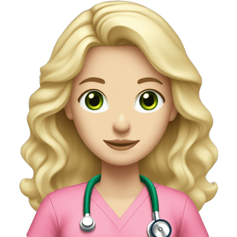 pale blonde girl with long wavy hair and green eyes wearing pink scrubs and stethoscope  emoji