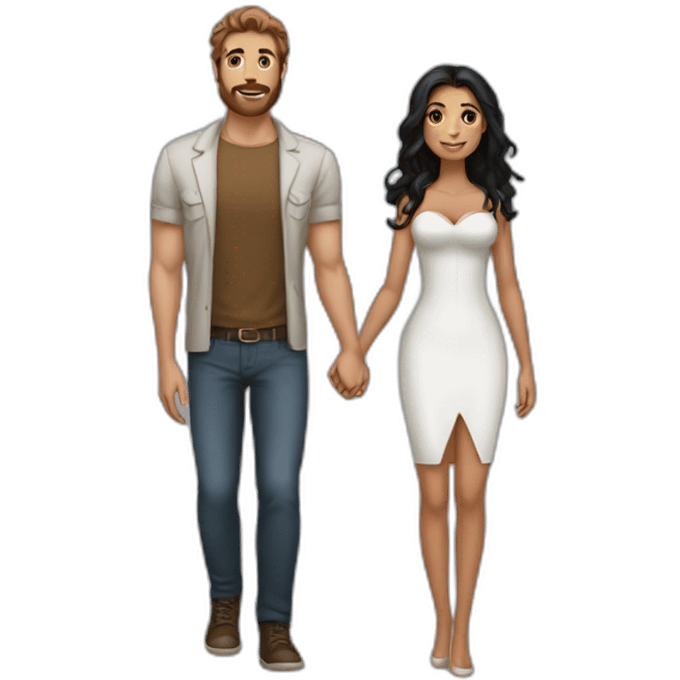 sexy tall man with brown hair and beard, holding hands with a short, voluptous woman with long black hair. emoji