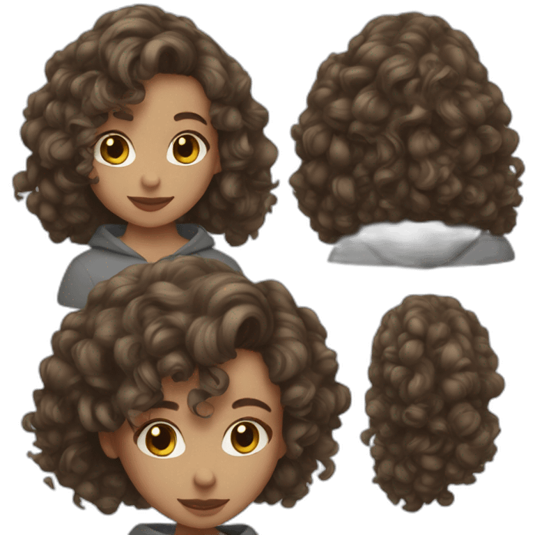 Girl with mid long brown curly hair and grey sweat-shirt  emoji