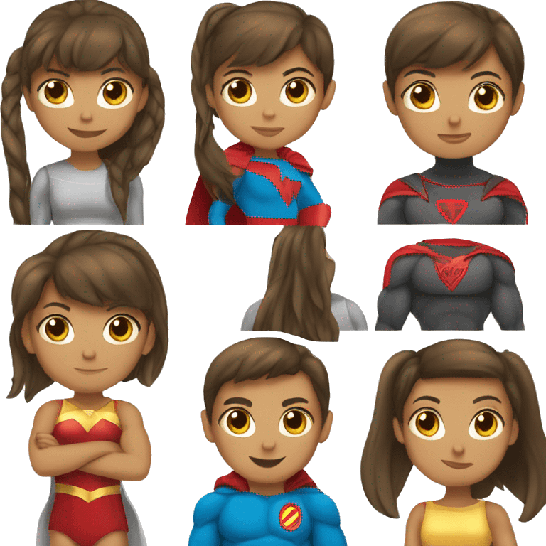 superhero, girl, straight bangs, straight long brown hair, pony tail, brown eyes, hispanic emoji