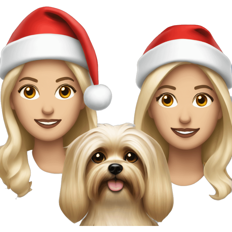 George Clooney blonde woman holding Yorkshire terrier wearing red santa hats emoji