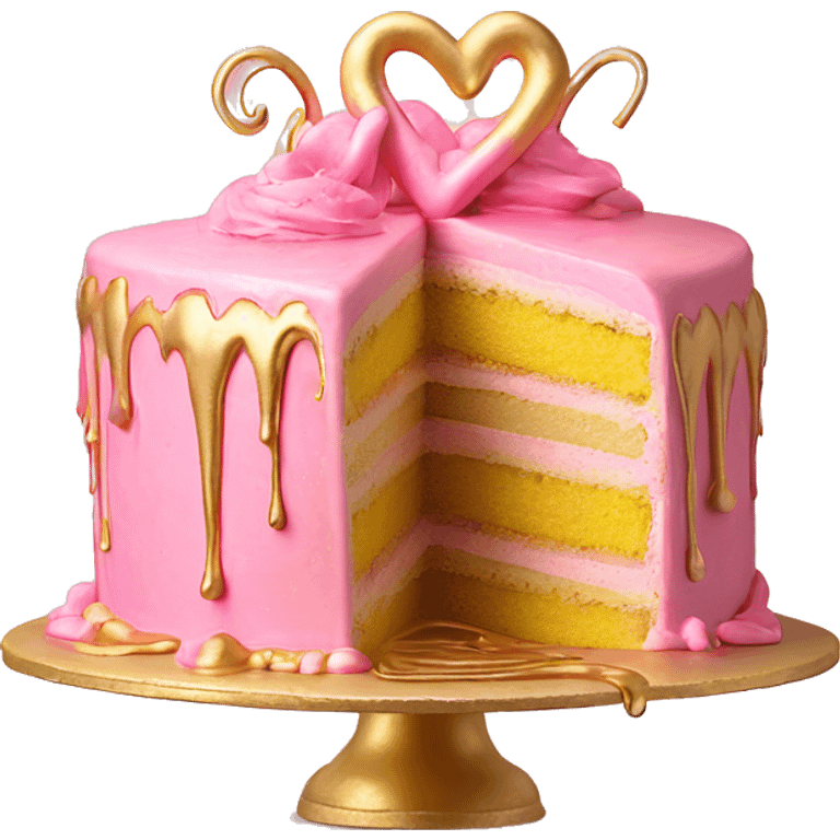 Realistic pink and yellow heart shaped layered cake with metallic gold icing dripping down the cake. emoji