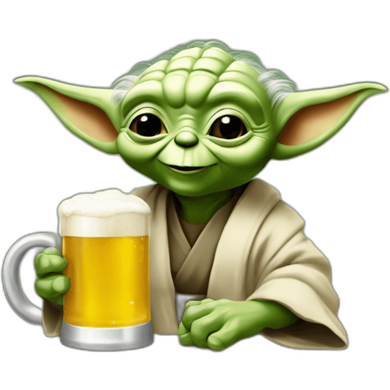 Yoda sonriendo levanta una copa de cerveza con el brazo izquierdo con el brazo izquierdo emoji