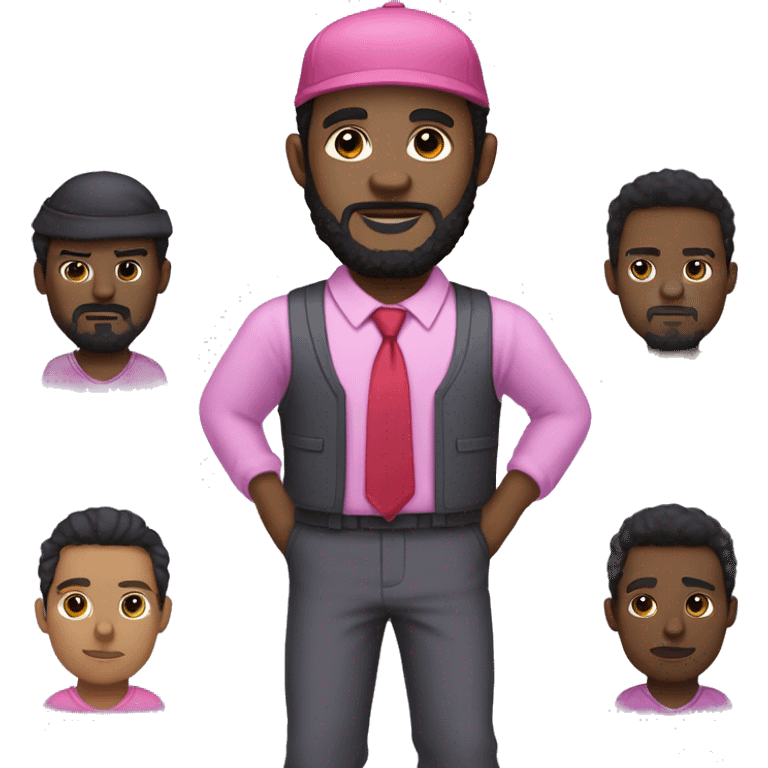 A black man with black beard and hair but no moustache, with a big butt wearing a pink long sleeve shirt with light purple sweat pants a purple vest a red tie and a red hat emoji