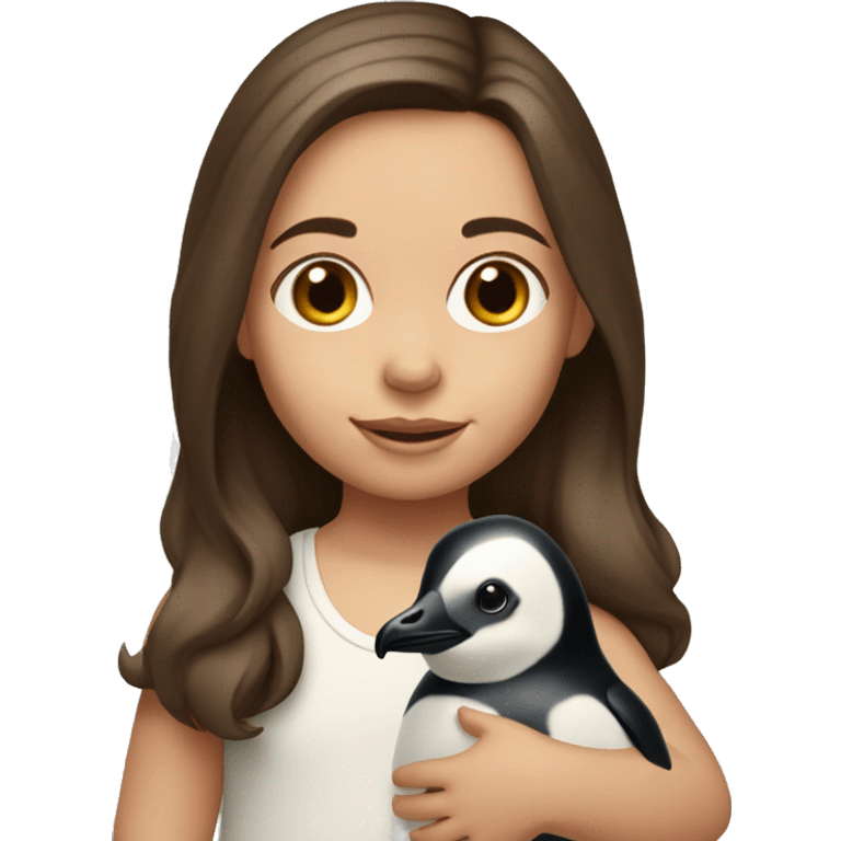 2 year old caucasian girl with shoulder length brown hair holding a penguin stuffed animal emoji