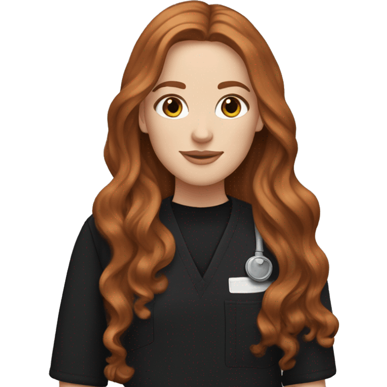 white girl. long wavy auburn hair. Black Scrubs.  emoji