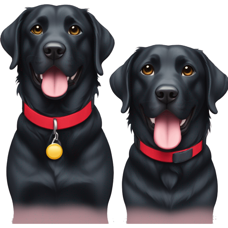 2 happy adult black labradors side by side, bigger one with red collar, other with light blue collar emoji